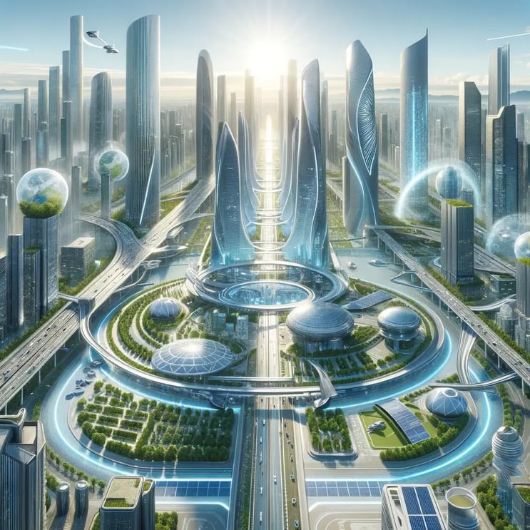 DALL·E 2024-05-07 15.25.39 - A futuristic cityscape showing a vision of the world in the future. The image should include towering skyscrapers with sleek, curved designs, integrat