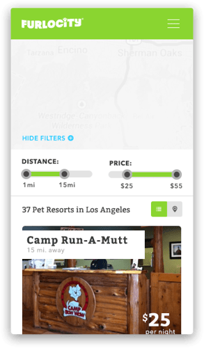 Mobile screen for Furlocity shows pet resorts in Los Angeles